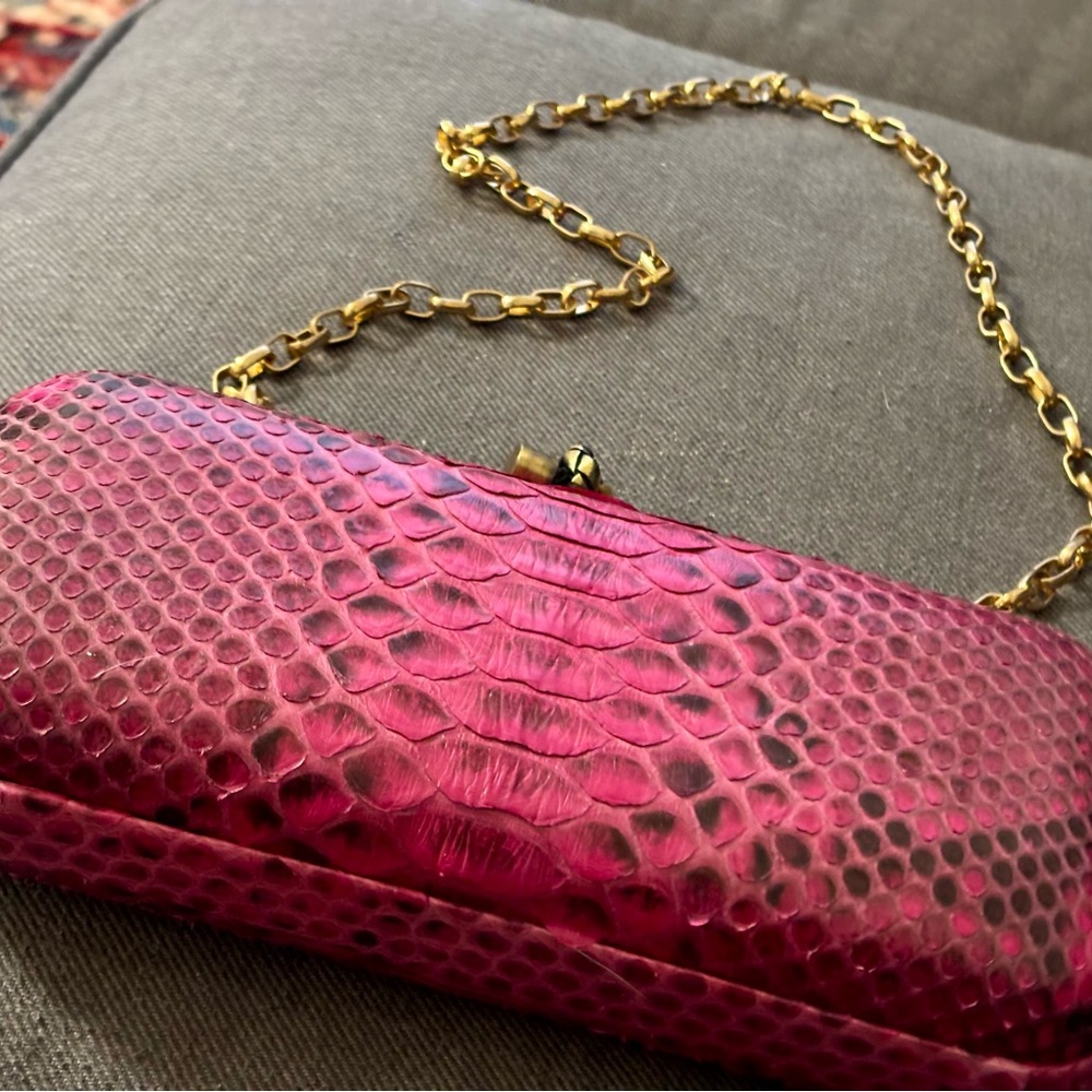 Fuchsia-Colored Python-Embossed Clutch With A Gol… - image 8